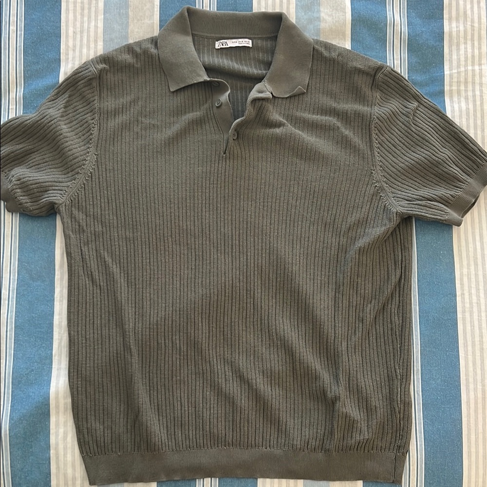 Zara a olive green Polo Shirt with Textured Knit - Mediterranean Summer